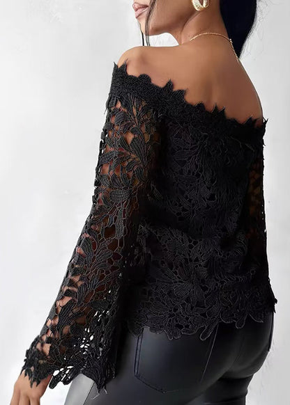 Style Black Slash Neck Hollow Out Lace Shirt Tops Flare Sleeve