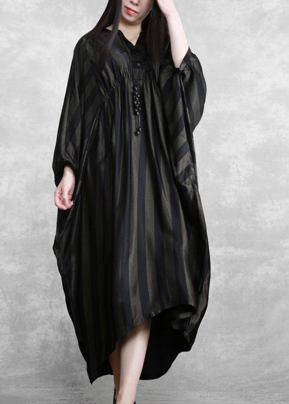 Style Black Striped Silk Maxi Dress Batwing Sleeve A Line Dresses - SooLinen