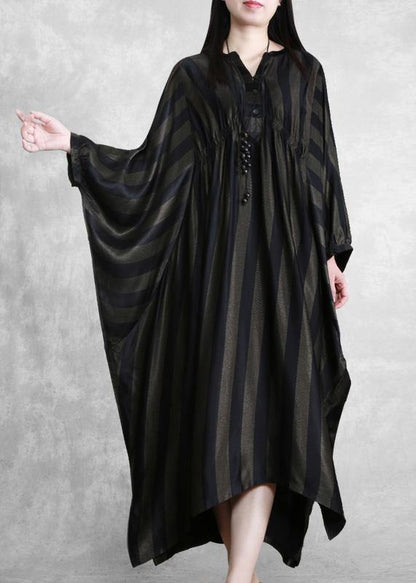 Style Black Striped Silk Maxi Dress Batwing Sleeve A Line Dresses - SooLinen