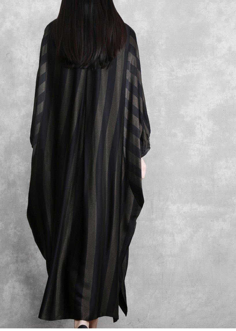 Style Black Striped Silk Maxi Dress Batwing Sleeve A Line Dresses - SooLinen