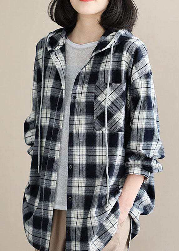 Stil Schwarz Weiß Plaid mit Kapuze Knopf Herbst Top Langarm