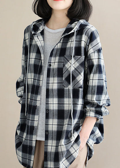 Stil Schwarz Weiß Plaid mit Kapuze Knopf Herbst Top Langarm