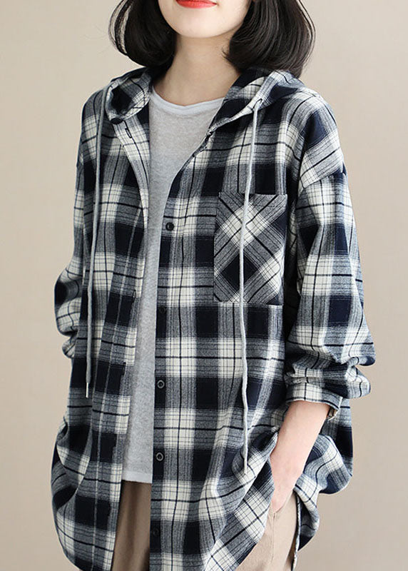 Stil Schwarz Weiß Plaid mit Kapuze Knopf Herbst Top Langarm