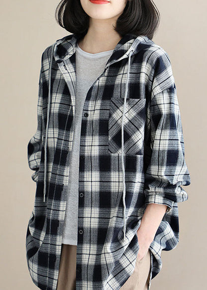 Stil Schwarz Weiß Plaid mit Kapuze Knopf Herbst Top Langarm
