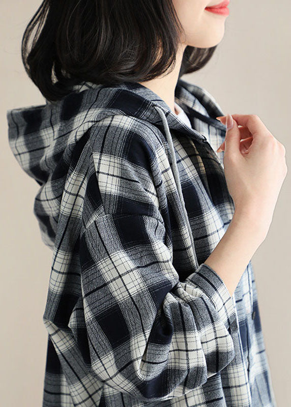 Stil Schwarz Weiß Plaid mit Kapuze Knopf Herbst Top Langarm