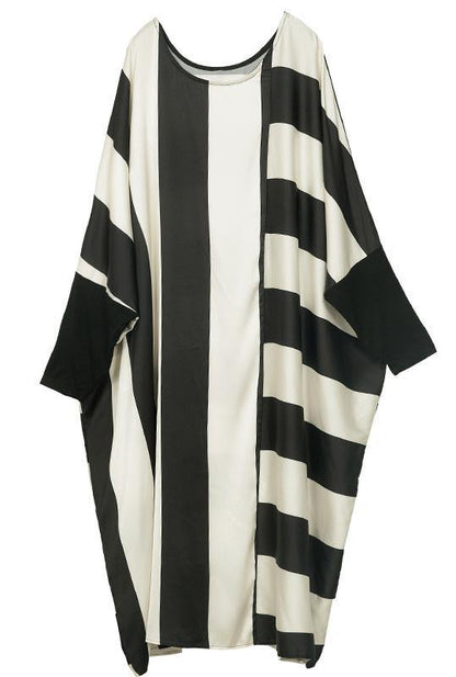 Style Black White Striped Chiffon Batwing Sleeve Spring Dress - SooLinen