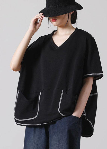 Style Black asymmetrical design Cotton Tee Short Sleeve - SooLinen