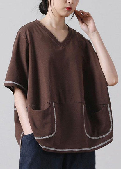 Style Black asymmetrical design Cotton Tee Short Sleeve - SooLinen