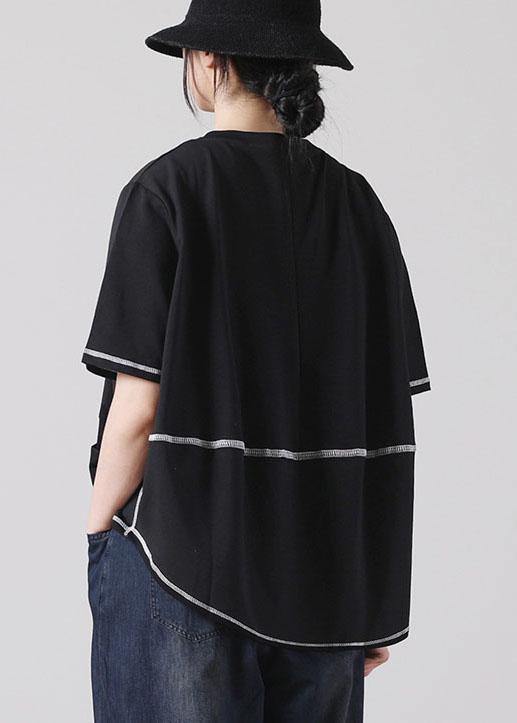 Style Black asymmetrical design Cotton Tee Short Sleeve - SooLinen