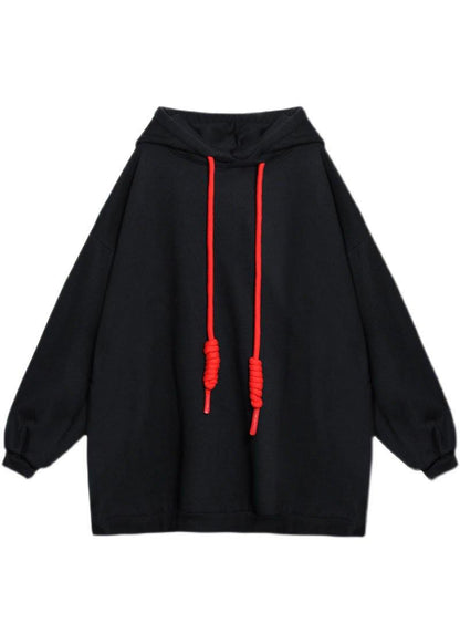 Style Black hooded Pockets Drawstring Fall Loose Sweatshirts Top - SooLinen