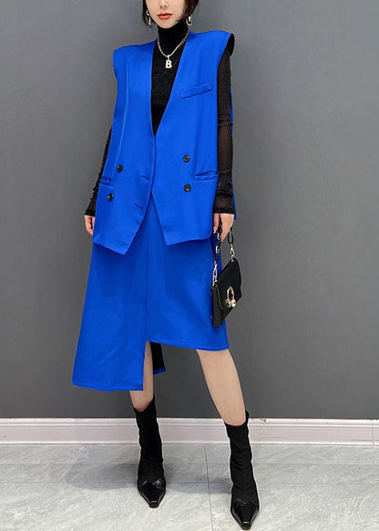 Stil Blau Asymmetrische Design Spandex Weste Und Rock 2 Stück Outfit Ärmelloses
