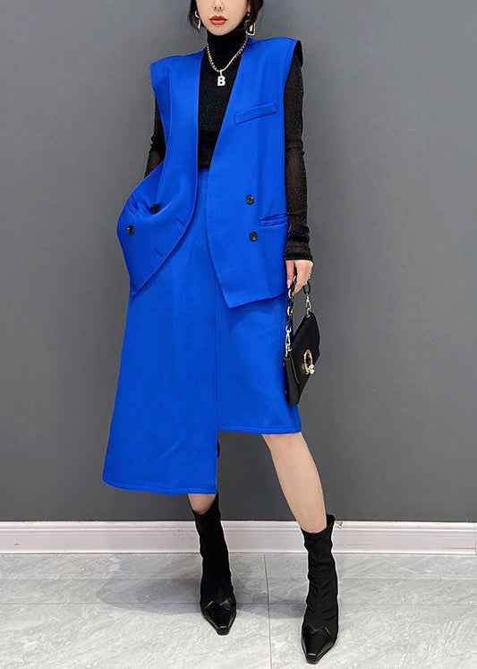 Stil Blau Asymmetrische Design Spandex Weste Und Rock 2 Stück Outfit Ärmelloses