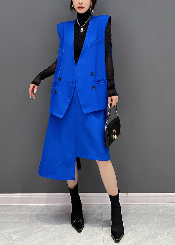 Stil Blau Asymmetrische Design Spandex Weste Und Rock 2 Stück Outfit Ärmelloses