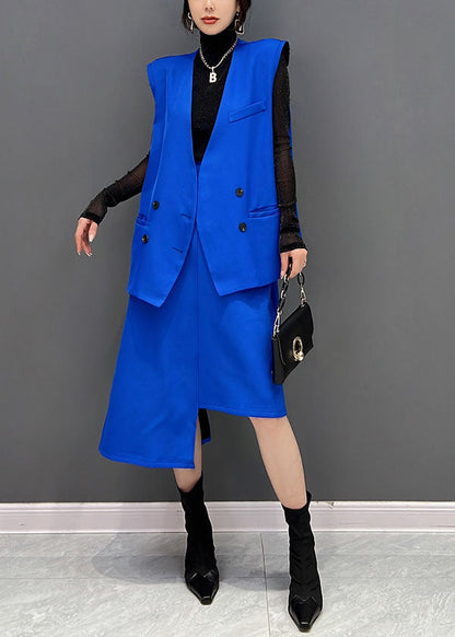 Stil Blau Asymmetrische Design Spandex Weste Und Rock 2 Stück Outfit Ärmelloses