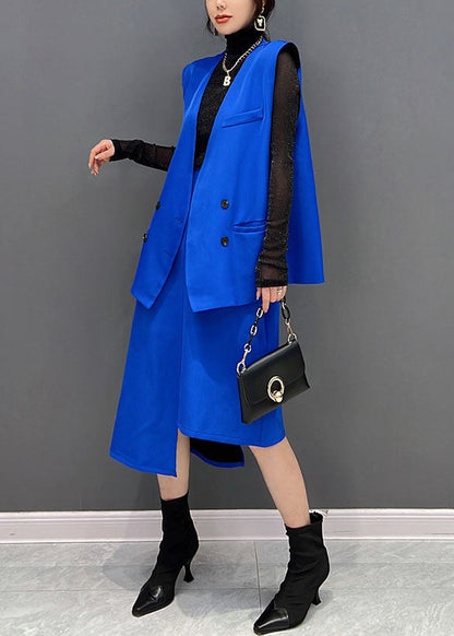 Stil Blau Asymmetrische Design Spandex Weste Und Rock 2 Stück Outfit Ärmelloses