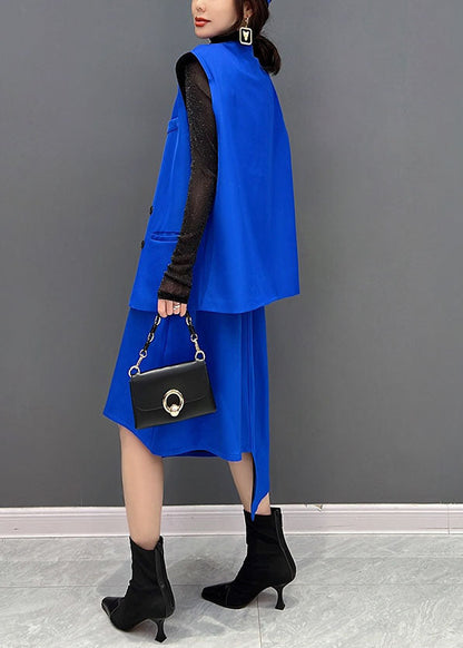 Stil Blau Asymmetrische Design Spandex Weste Und Rock 2 Stück Outfit Ärmelloses