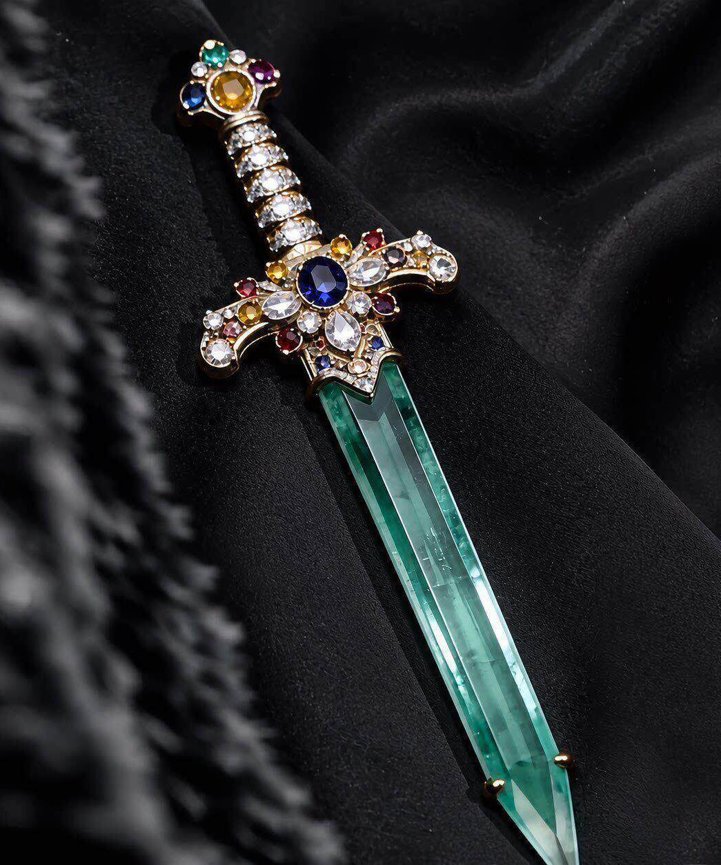 Style Blue Copper Inlaid Jade Sword Brooches