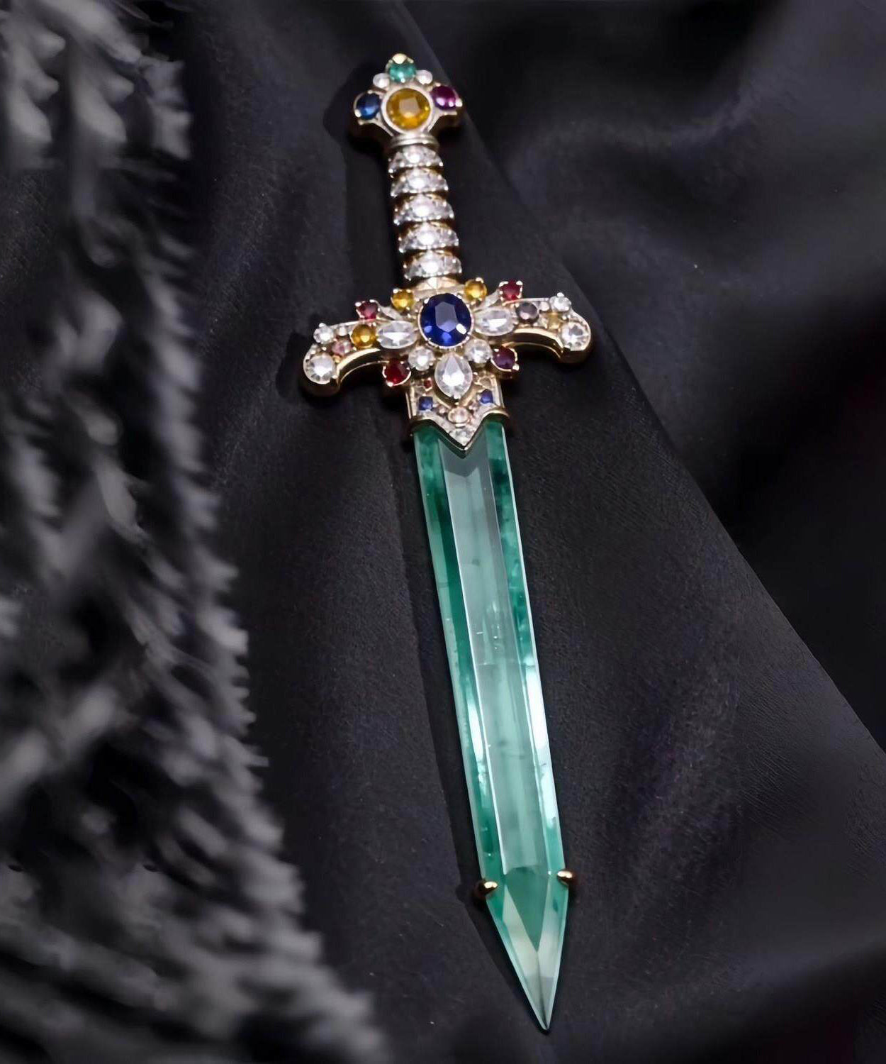 Style Blue Copper Inlaid Jade Sword Brooches