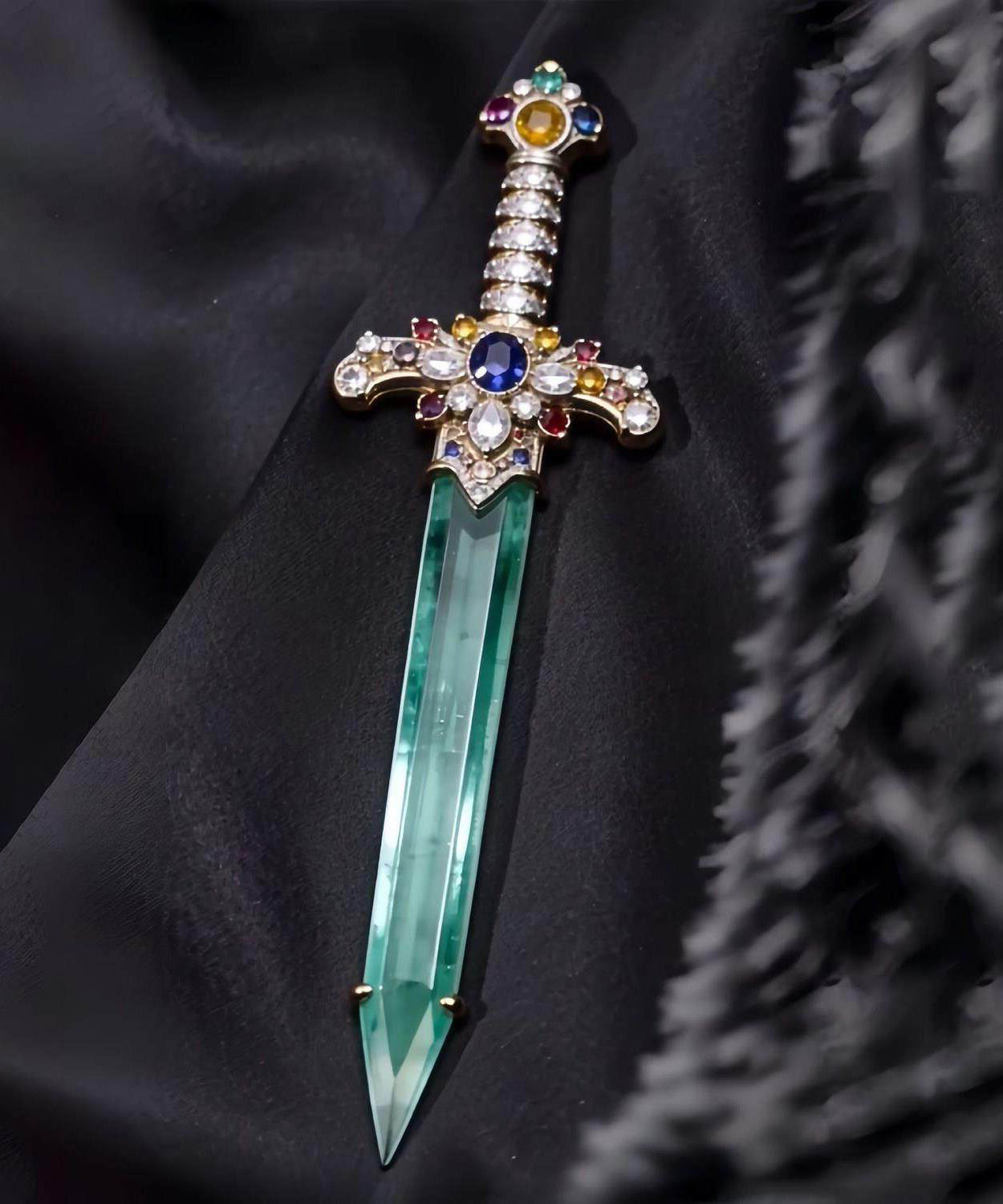 Style Blue Copper Inlaid Jade Sword Brooches