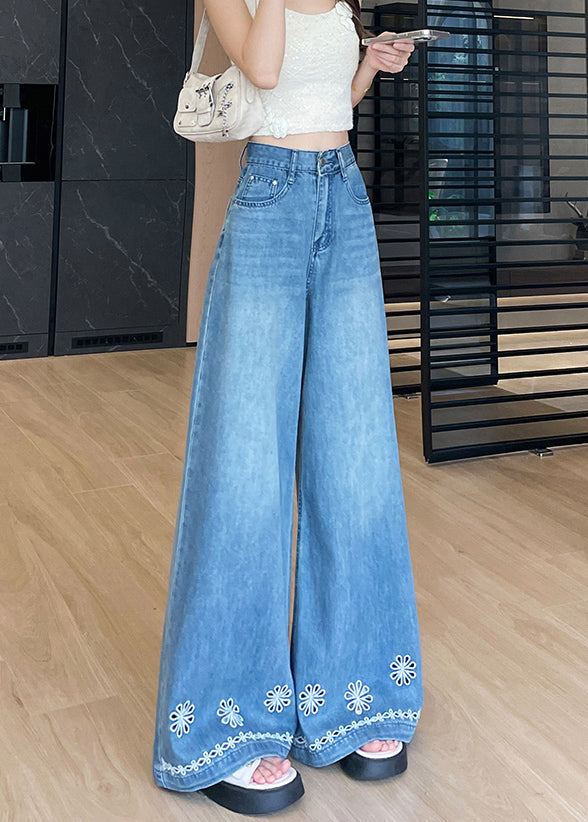 Style Blue Embroidered Hollow Out Denim Straight Pants Fall