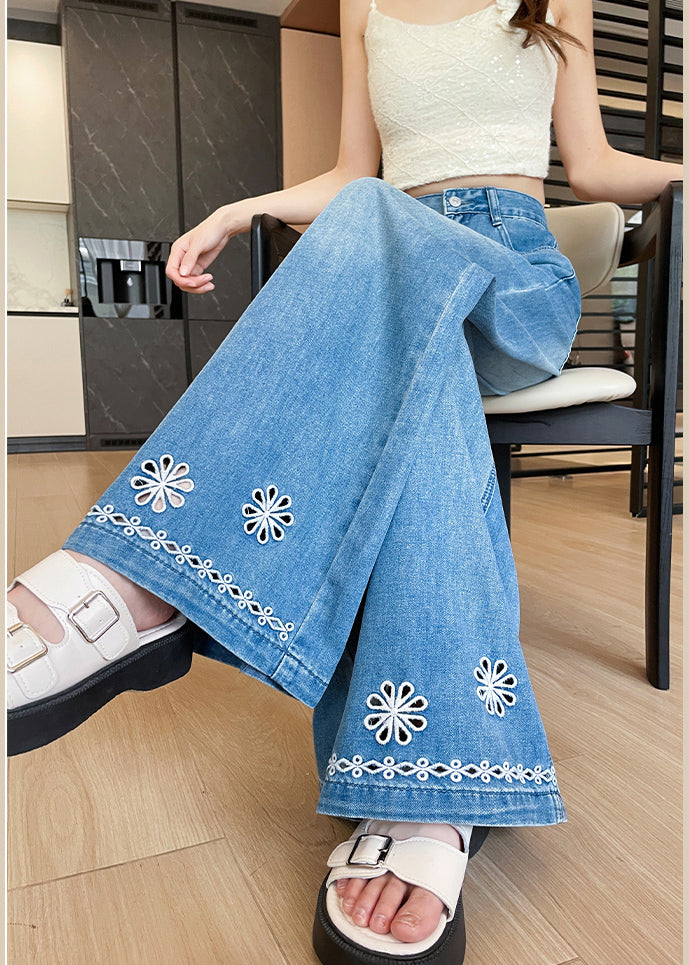 Style Blue Embroidered Hollow Out Denim Straight Pants Fall