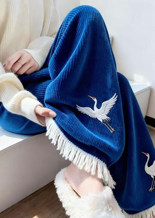 Stilvolle blaue, bestickte Strickhose mit Quasten und weitem Bein für den Winter