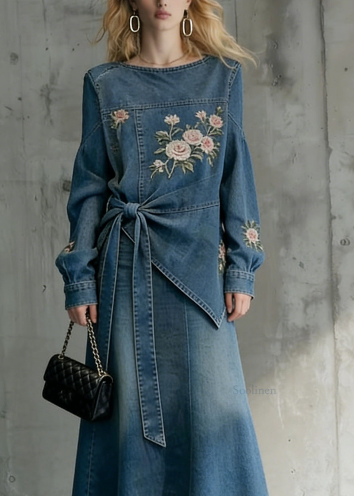 Style Blue Embroidered Top And Skirts Denim Two Pieces Set Spring