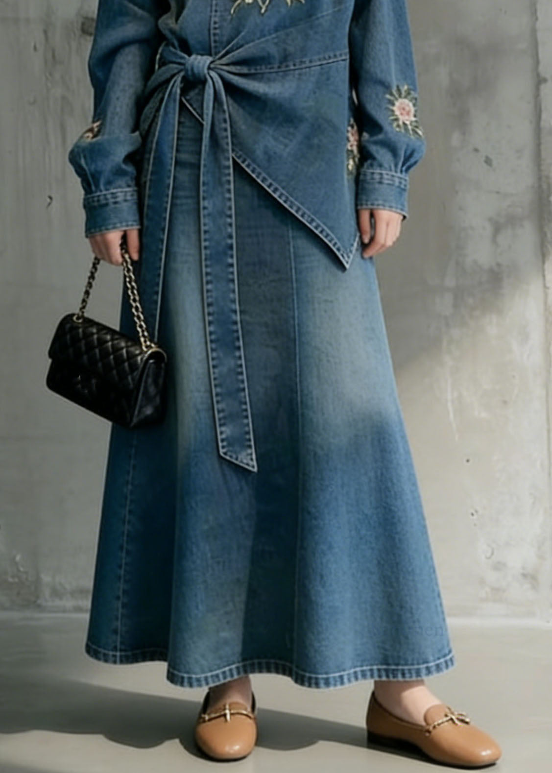 Style Blue Embroidered Top And Skirts Denim Two Pieces Set Spring