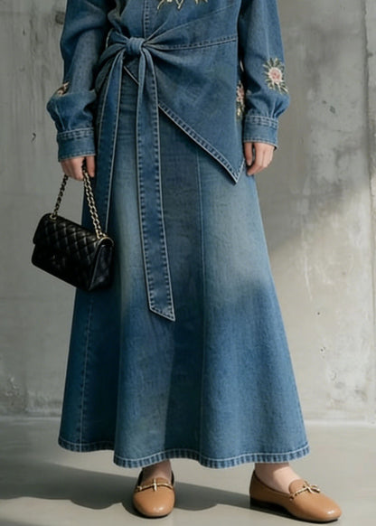 Style Blue Embroidered Top And Skirts Denim Two Pieces Set Spring