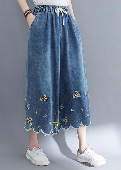 Style Blue Embroideried Crop Wide Leg Summer Pants - SooLinen