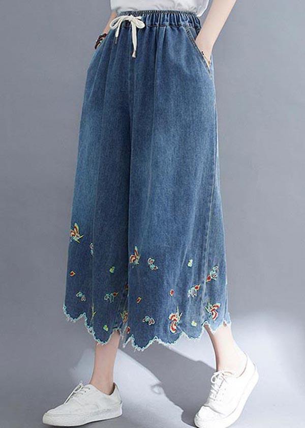 Style Blue Embroideried Crop Wide Leg Summer Pants - SooLinen