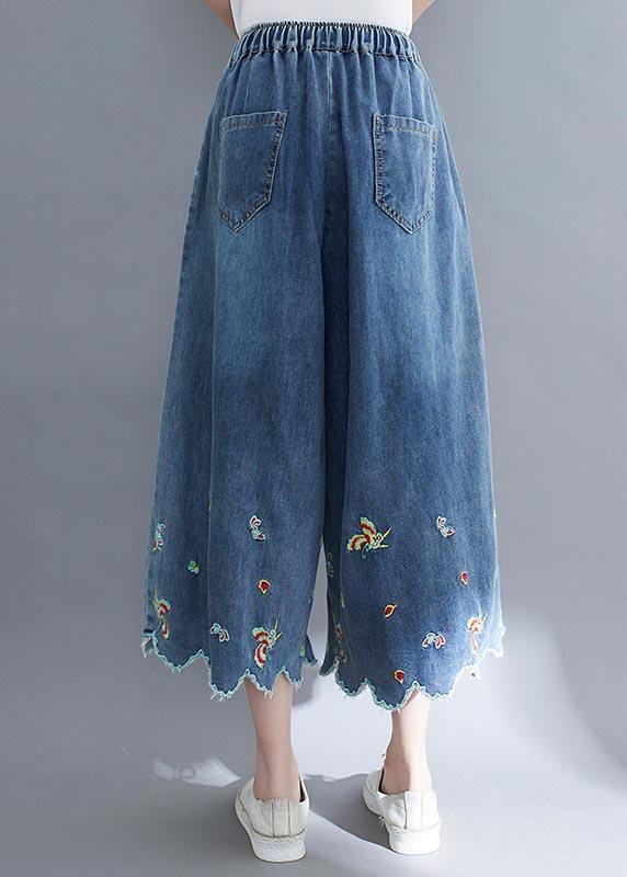 Style Blue Embroideried Crop Wide Leg Summer Pants - SooLinen