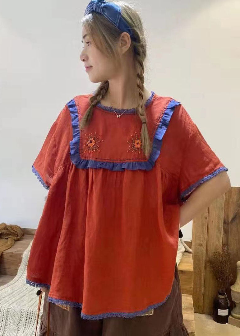 Style Blaues besticktes Patchwork-Baumwollhemd mit kurzen Ärmeln