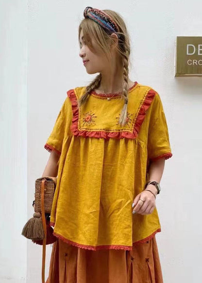 Style Blaues besticktes Patchwork-Baumwollhemd mit kurzen Ärmeln