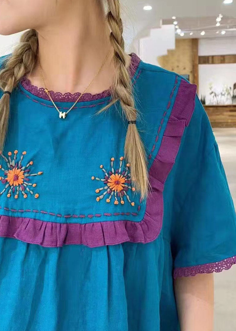 Style Blaues besticktes Patchwork-Baumwollhemd mit kurzen Ärmeln