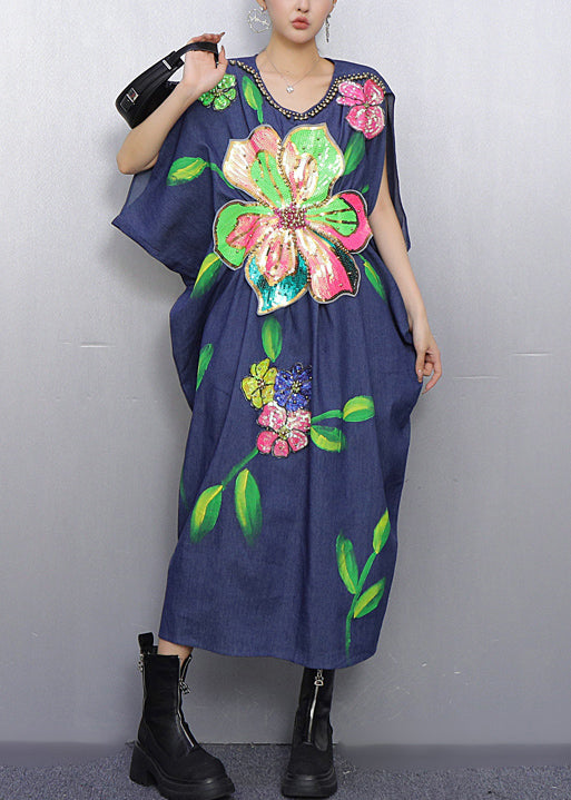 Vestido de fiesta de mezclilla con cuentas y flores azules estilo verano