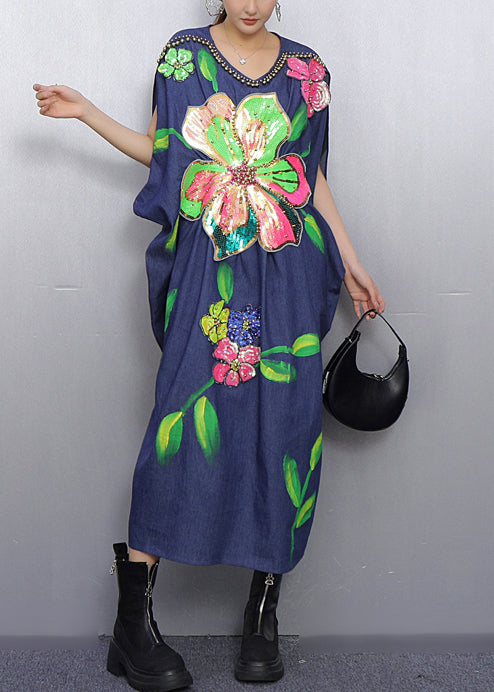 Vestido de fiesta de mezclilla con cuentas y flores azules estilo verano