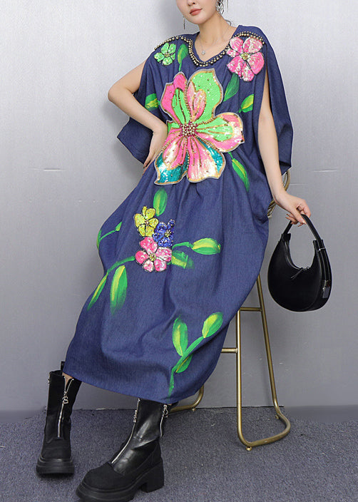 Vestido de fiesta de mezclilla con cuentas y flores azules estilo verano