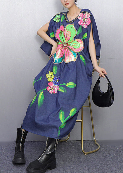 Vestido de fiesta de mezclilla con cuentas y flores azules estilo verano