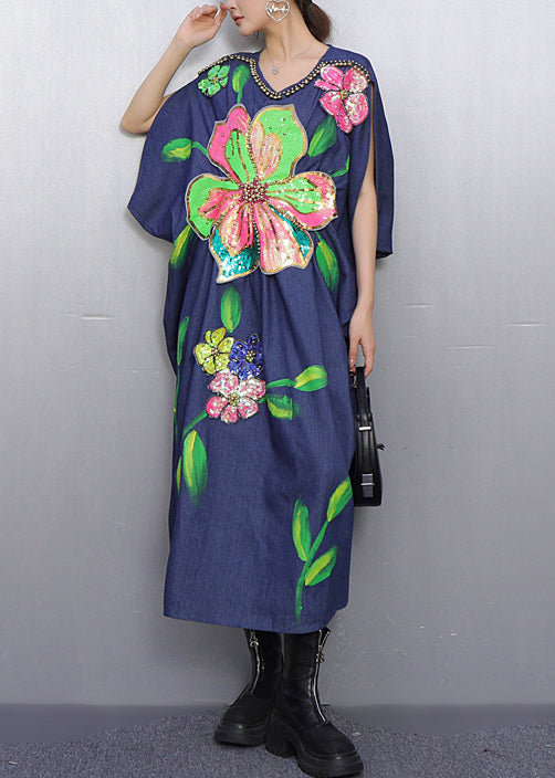 Vestido de fiesta de mezclilla con cuentas y flores azules estilo verano