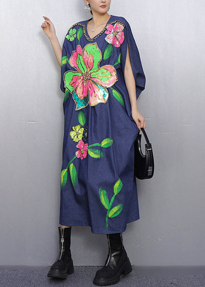 Vestido de fiesta de mezclilla con cuentas y flores azules estilo verano