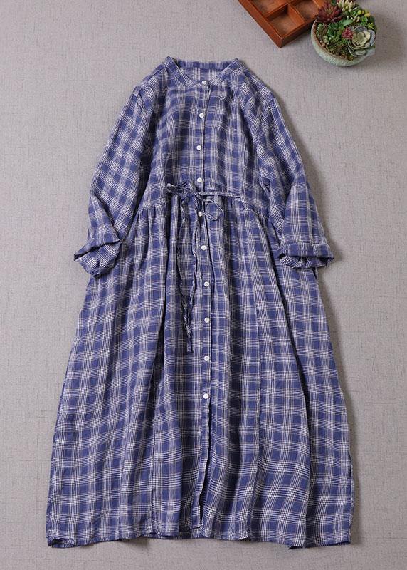 Style Blue Grey Plaid Pockets Cinched Tie Waist Fall Patchwork Robe Dresses Long sleeve - SooLinen