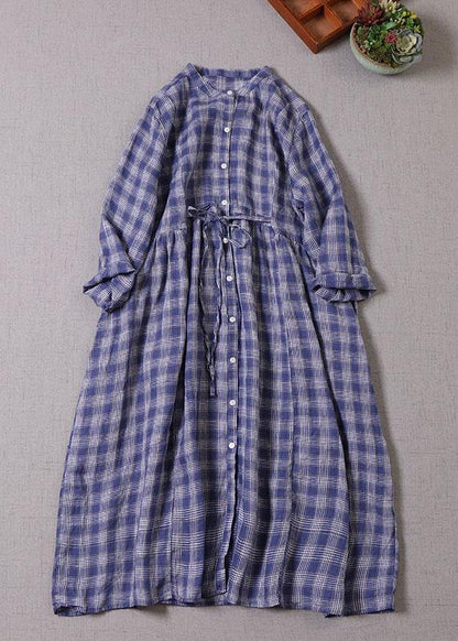 Style Blue Grey Plaid Pockets Cinched Tie Waist Fall Patchwork Robe Dresses Long sleeve - SooLinen