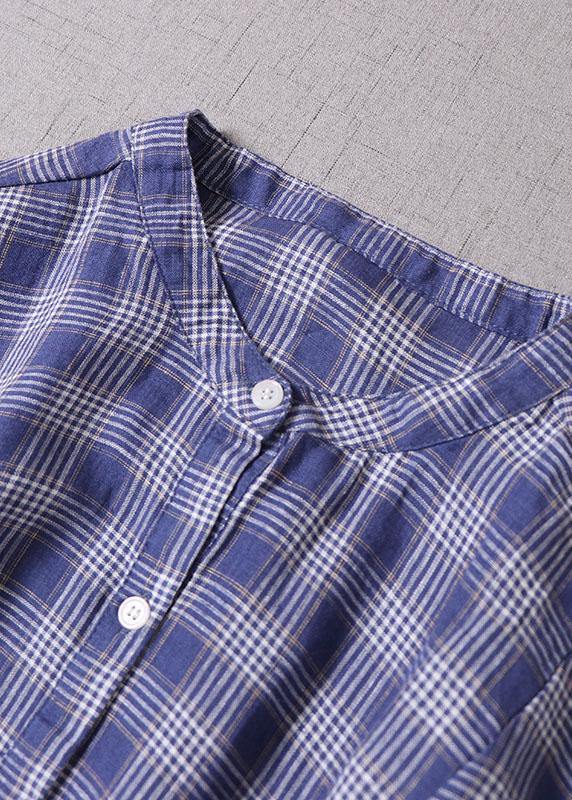 Style Blue Grey Plaid Pockets Cinched Tie Waist Fall Patchwork Robe Dresses Long sleeve - SooLinen