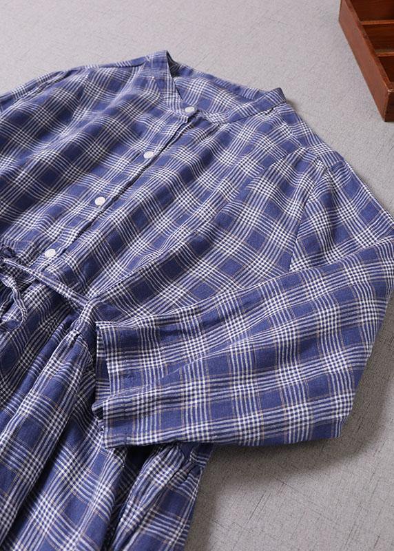 Style Blue Grey Plaid Pockets Cinched Tie Waist Fall Patchwork Robe Dresses Long sleeve - SooLinen