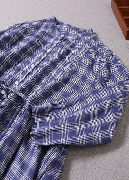 Style Blue Grey Plaid Pockets Cinched Tie Waist Fall Patchwork Robe Dresses Long sleeve - SooLinen