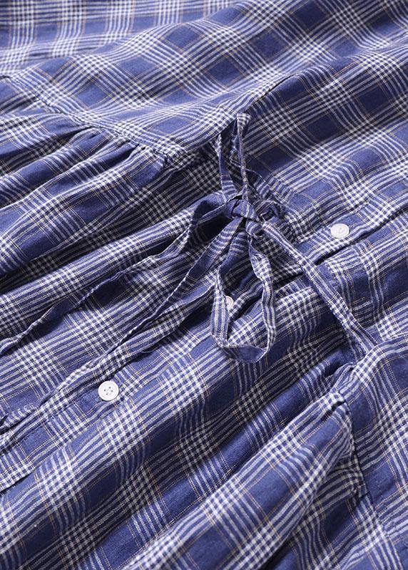 Style Blue Grey Plaid Pockets Cinched Tie Waist Fall Patchwork Robe Dresses Long sleeve - SooLinen