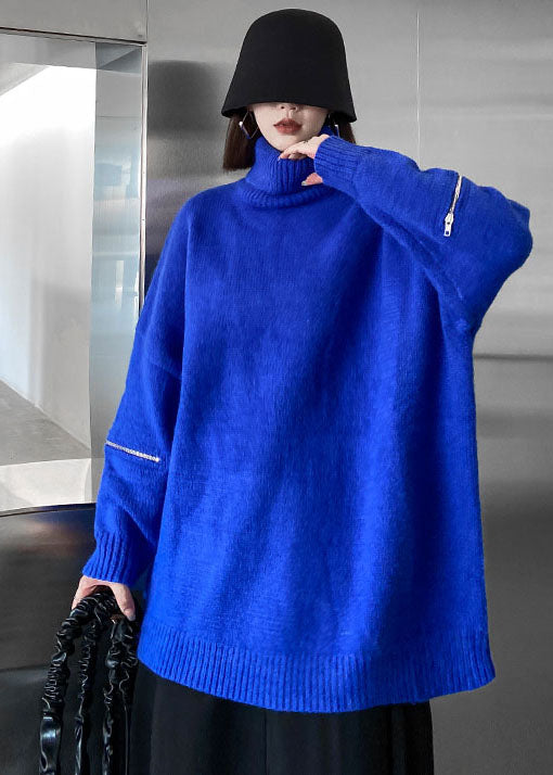 Stil Blau High Neck Reißverschluss Übergroßen Strick Pullover Tops Winter
