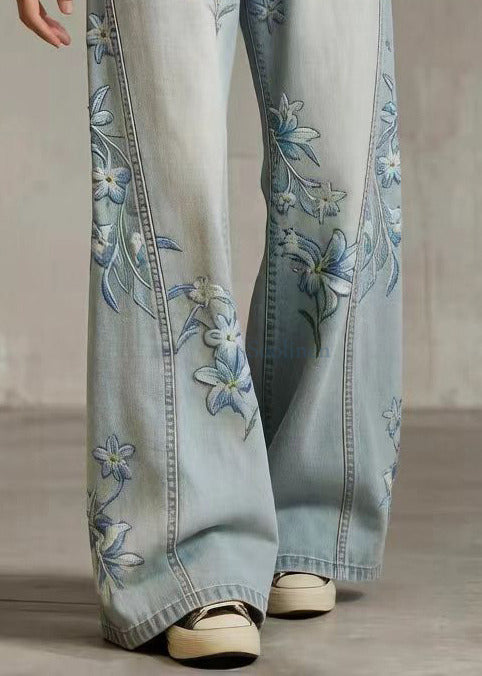 Style Blue High Waist Print Denim Straight Pants Spring