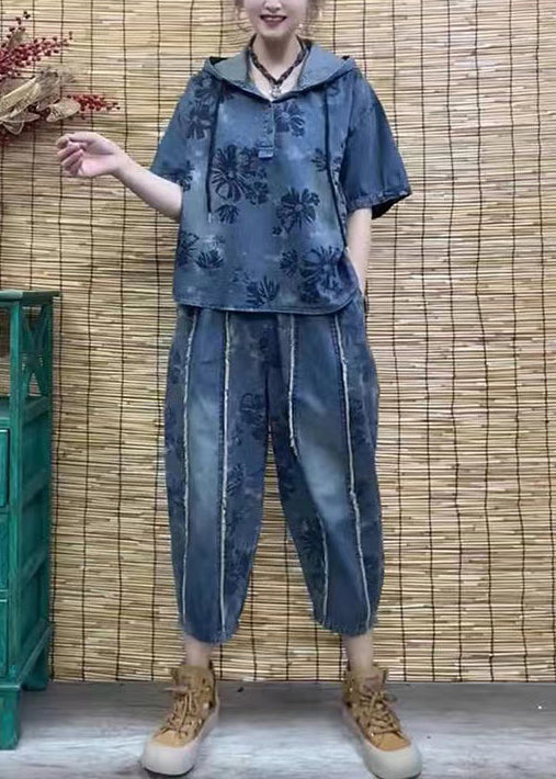 Style Blue Hooded Print Denim Two Pieces Set Summer